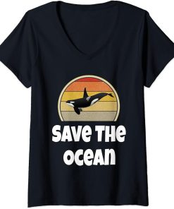 Womens Funny Orca Whale Ocean Sea Retro Save The Ocean Environment V-Neck T-Shirt