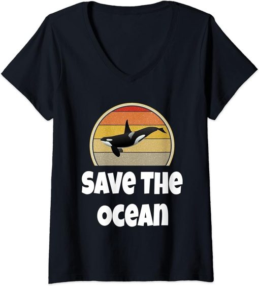 Womens Funny Orca Whale Ocean Sea Retro Save The Ocean Environment V-Neck T-Shirt