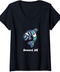 Womens Seward AK Native American Tribal Orca Killer Whale V-Neck T-Shirt