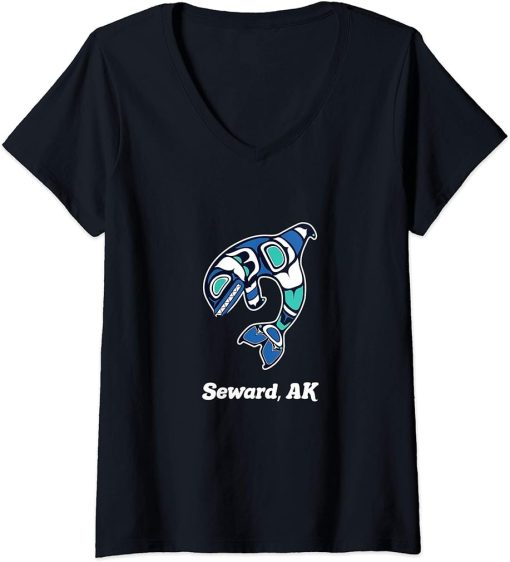 Womens Seward AK Native American Tribal Orca Killer Whale V-Neck T-Shirt