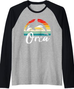 Vintage Retro Orca Sunset Fun Killer Whale Gift For Fans Raglan Baseball Tee