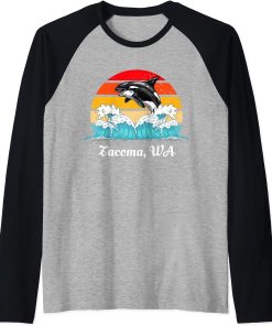 Vintage Tacoma WA Distressed Orca Killer Whale Art Raglan Baseball Tee