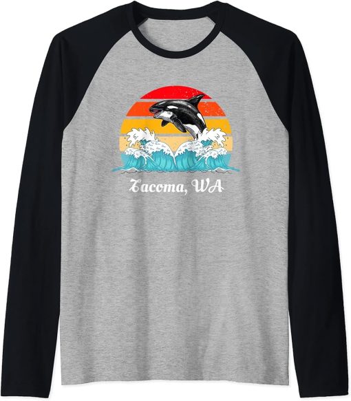 Vintage Tacoma WA Distressed Orca Killer Whale Art Raglan Baseball Tee